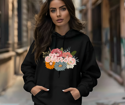 Nurses Floral Design Black Hoodie