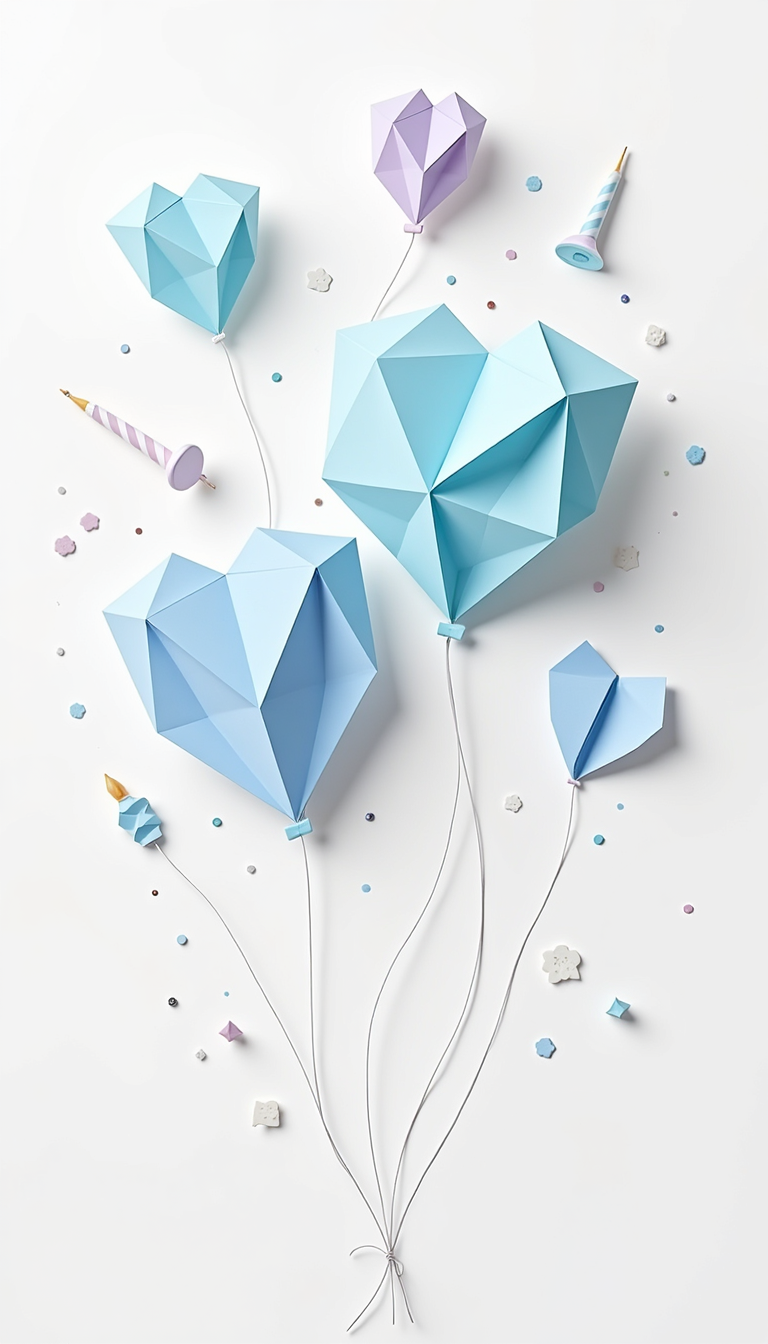 Home origami cake and balloon birthday card design for girls and boys